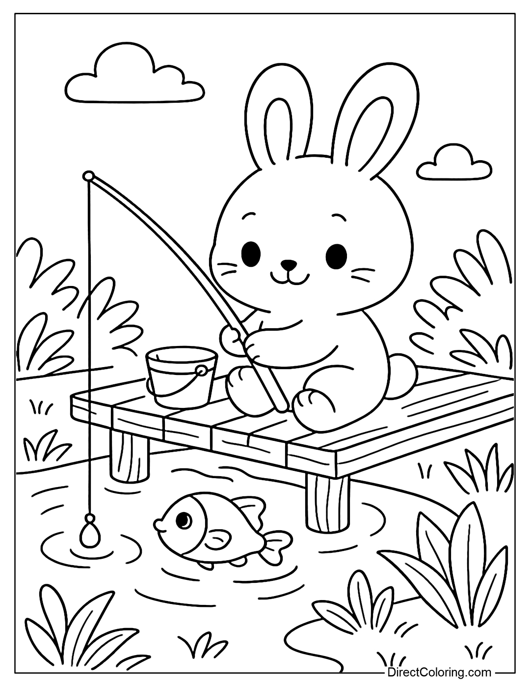 A coloring page of a baby rabbit fishing on a wooden bridge, with buckets and leaves around the lake.